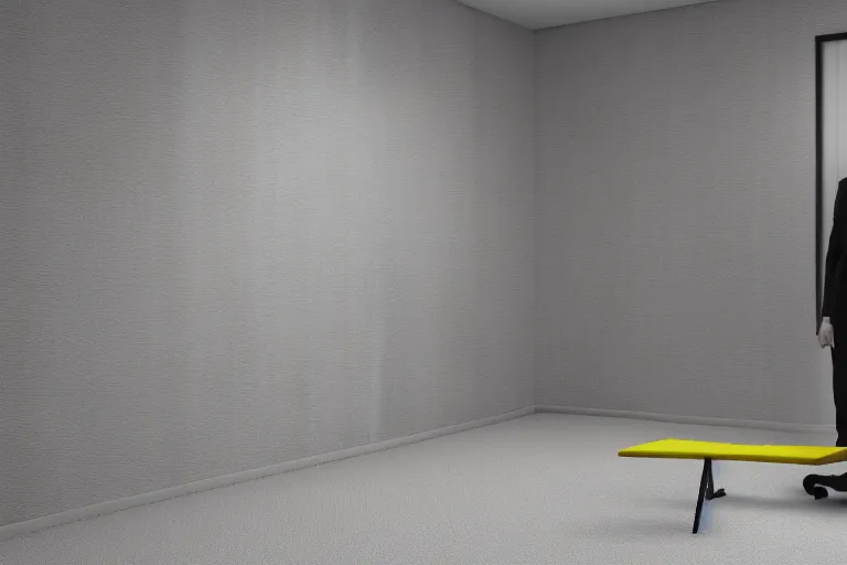 Image similar to 3 d render of jerma 9 8 5, jerma in endless halls of empty office space with worn light mono - yellow 7 0 s wallpaper, old moist carpet, and inconsistently - placed fluorescent lighting | liminal space | non - euclidean space | high octane | blender | 3 d render