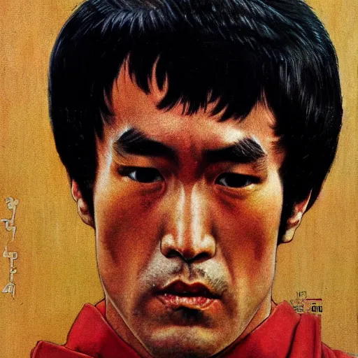 Image similar to Frontal portrait of an angry Bruce Lee. A portrait by Norman Rockwell.