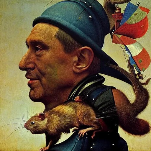 Prompt: head and shoulders portrait of surreal putin with a rat on his shoulder, vibrant color, high detail, masterpiece by hieronymus bosch, craig mullins, ruan jia, peter mohrbacher, norman rockwell, caravaggio