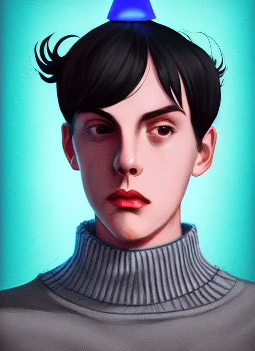 Image similar to portrait of teenage jughead jones wearing a light grey crown, crown, blue turtleneck, 1 9 5 0 s, closed eyes, photorealistic, black hair, glowing lighting, intricate, elegant, glowing lights, highly detailed, digital painting, artstation, concept art, smooth, sharp focus, illustration, art by wlop, mars ravelo and greg rutkowski