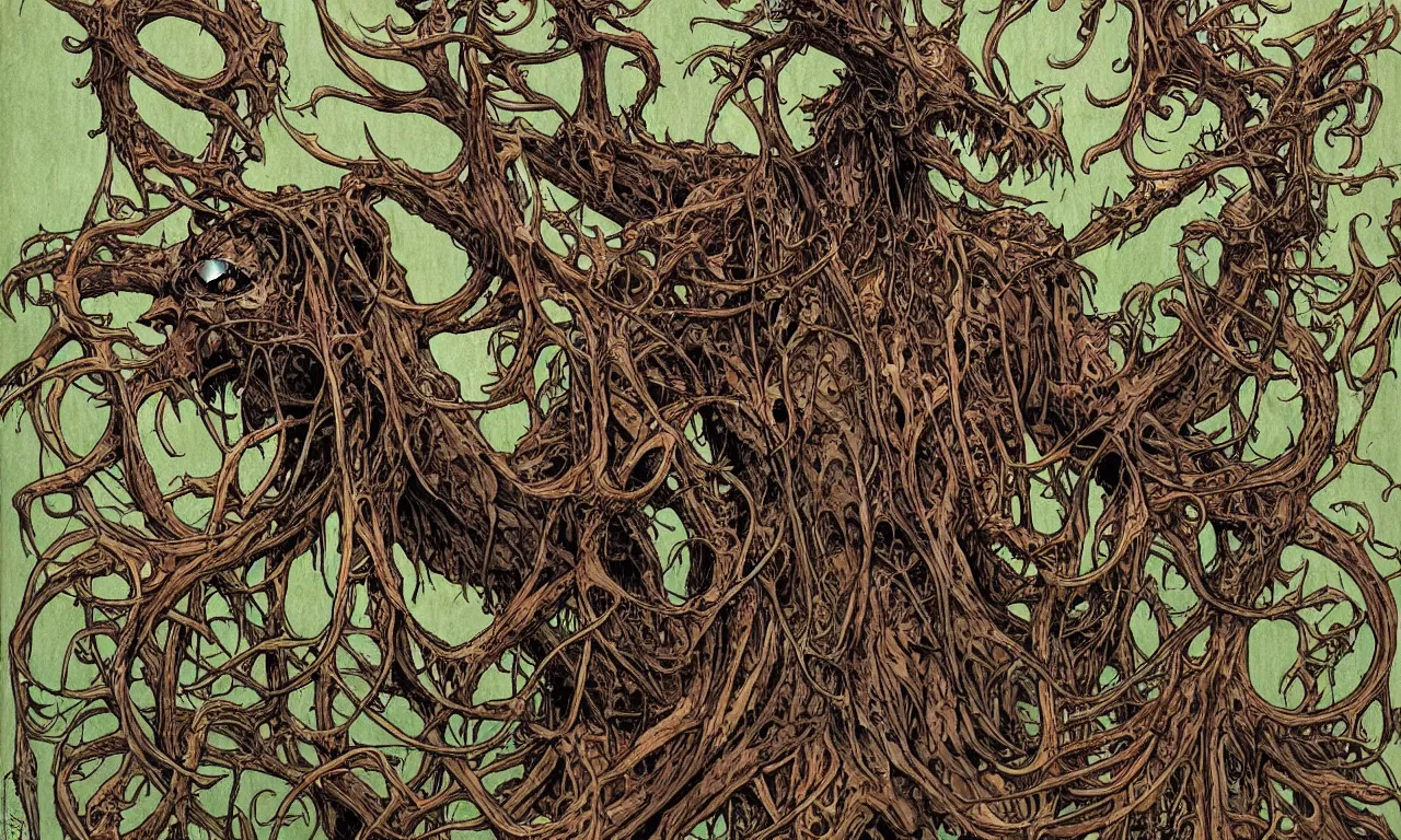 Image similar to hyperdetailed art nouveau portrait of treebeard as a cthulhu eyeball moose skull wendigo cryptid monster, by geof darrow, simon bisley and bill sienkiewicz, grim yet sparkling atmosphere, photorealism, claws, skeleton, antlers, fangs, forest, wild, crazy, horror, lynn varley, lovern kindzierski, steve oliff