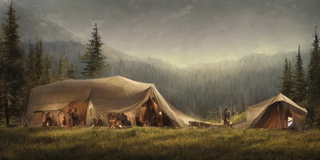 Image similar to cabela's tent fabric shelled pop up family dwelling unit, cabin, modular, person in foreground, mountainous forested wilderness open fields, beautiful views, painterly concept art, joanna gaines, environmental concept art, farmhouse, magnolia, concept art illustration by ross tran, james gurney, by craig mullins, by greg rutkowski