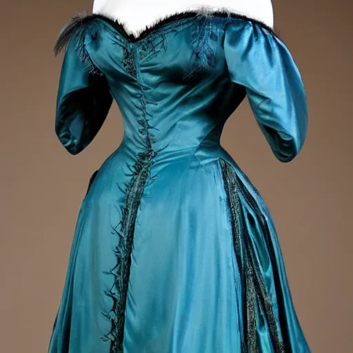 Prompt: the decorative detail of padded satin rouleaux are applied lavishly to this 1 8 2 0 s blue and green gauze dress. the feather pattern is an ethereal choice in gauze, overlaid with the couched loops of ivory silk.