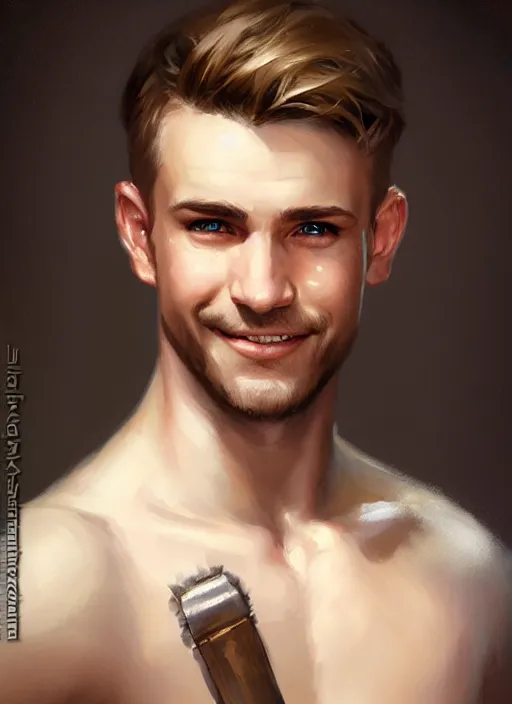 Image similar to a _ fantasy _ style _ portrait _ painting _ of white male short fringe light brown hair short head smiling clean shaven round face rpg dnd oil _ painting _ unreal _ 5 _ daz. _ rpg _ portrait _ extremely _ detailed _ artgerm _ greg _ rutkowski _ greg