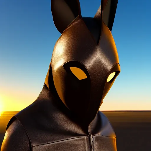 Image similar to aardvark superhero, dark brown leather duster, black domino mask, 3 d model, dusty wind in background, sunset, ultra realistic, unreal engine, yellowish light, deep shadows, artstation, 4 k