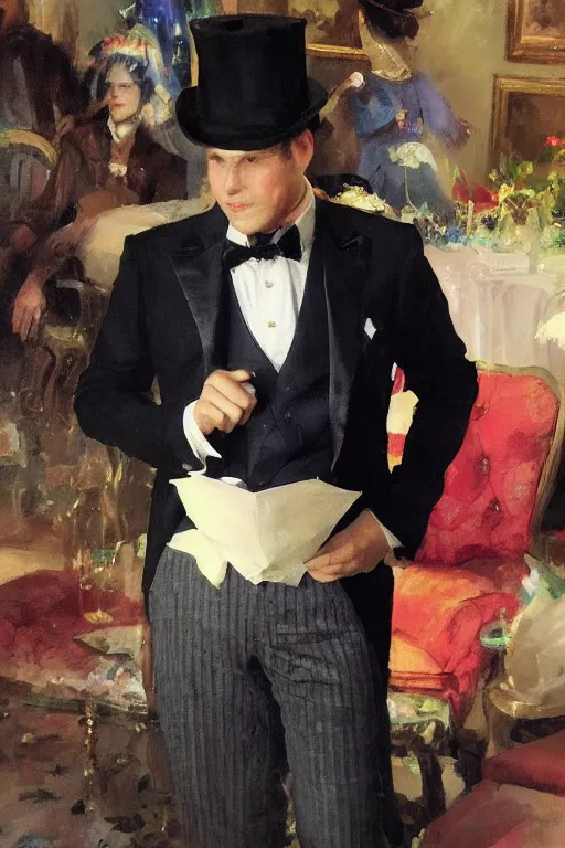 Prompt: portrait of a respectable dignified royal business elite politician wearing a lisa frank top hat and tuxedo, art by anders zorn, wonderful masterpiece by greg rutkowski, beautiful cinematic light, american romanticism by greg manchess, jessica rossier