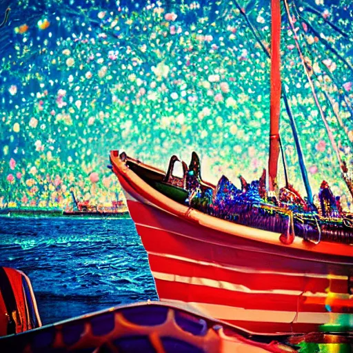 Prompt: psychedelic boat party, high resolution artistic photograph, bokeh, 4 k, epic, majestic, beautiful, by vogue magazine
