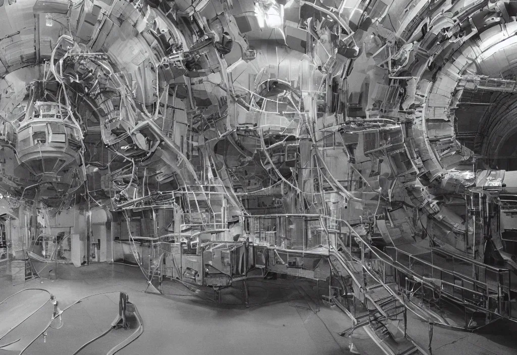 Prompt: « old photography of an underground secrecy research center laboratory containing a huge scanning radioactive particle accelerator machine, ultra realistic, ultra detailed, cursed »