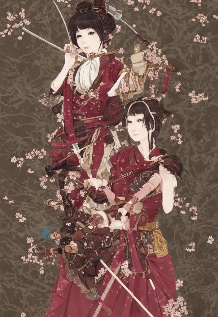 Image similar to portrait of steampunk girl samurai with swords and tachi and bow and arrow and armor and rifle and cross bow combat pose in snow forest sakura cherry blossom swan hakama kimono trending on artstation takato yamamoto krenz cushart