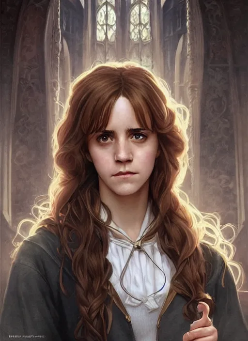 Image similar to hermione! granger! at hogwarts!!!! by emma watson. beautiful detailed face. by artgerm and greg rutkowski and alphonse mucha