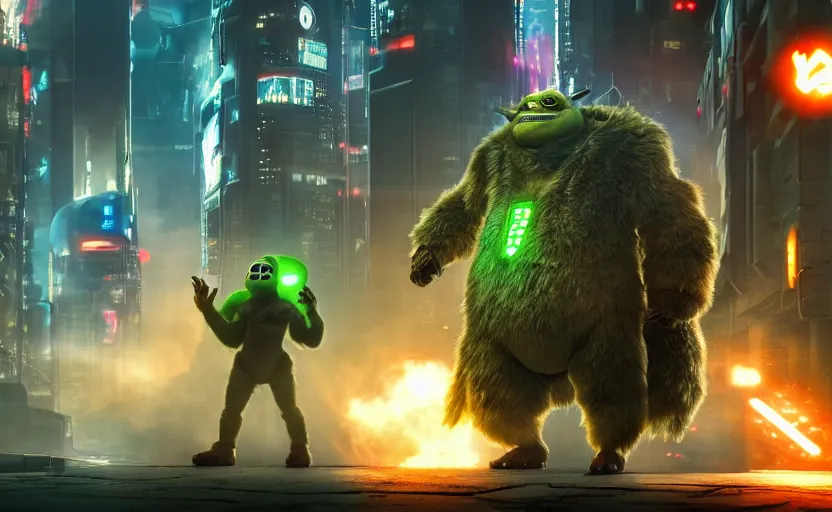 Image similar to cyberpunk godzilla yoda donkey kong pikachu yeti shrek super robot homer groot waluigi darth vader mike wazowski, highly detailed, extremely high quality, hd, 4 k, 8 k, professional photographer, 4 0 mp, lifelike, top - rated, award winning, cinematic, realistic, detailed lighting, detailed shadows, sharp, no blur, edited, corrected, trending