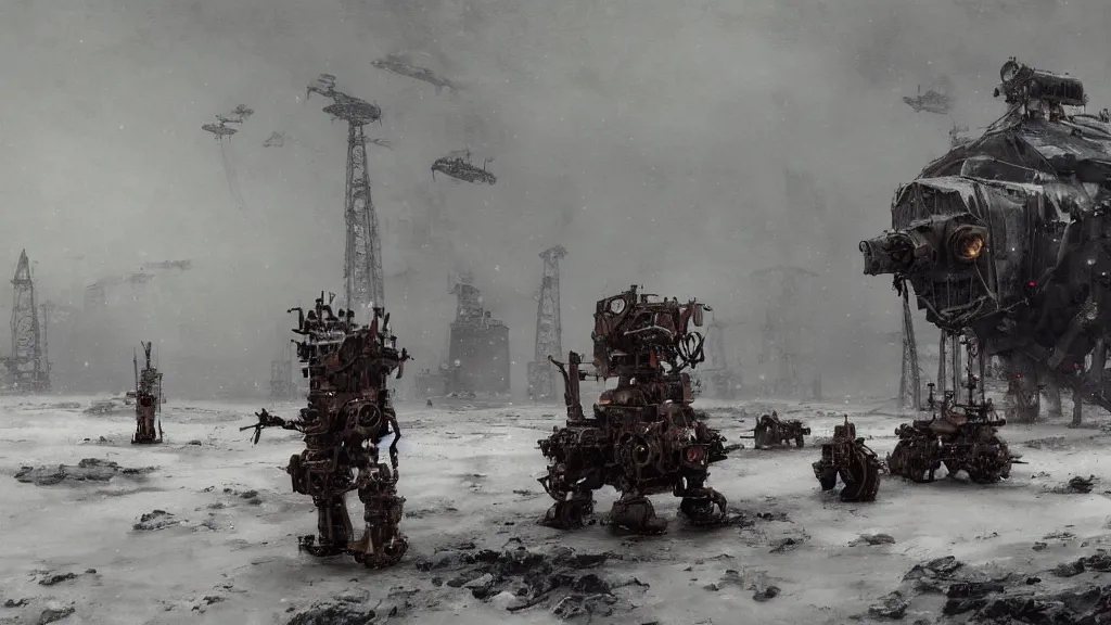 Image similar to 1920's broken down bipedal walker mech in the snowy tundra, oil drill in the distance, steampunk airship above, painted by Jakub Rozalski