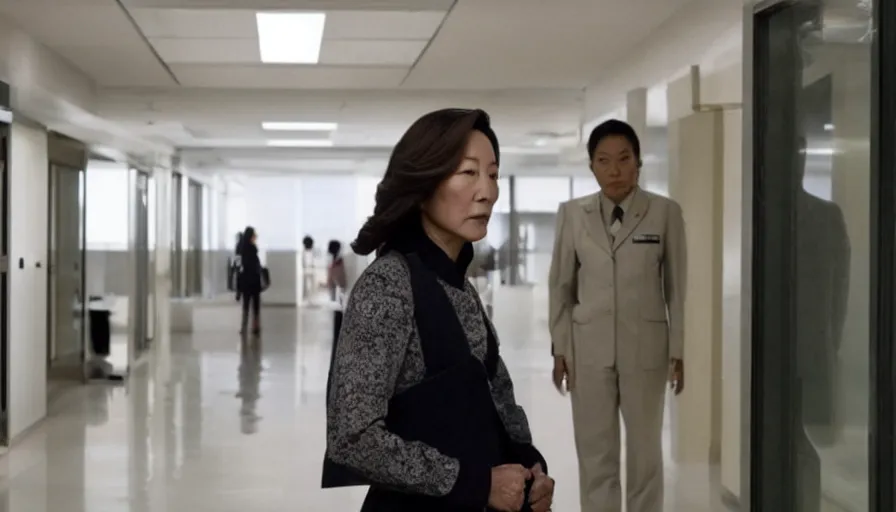 Image similar to michelle yeoh as evelyn wang from everything everywhere all at once ( 2 0 2 2 ) inside irs building, directed by'daniels ', cinematography by larkin seiple, martial arts multiverse movie still