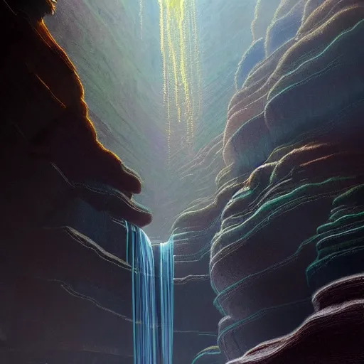 Image similar to falling water light is mine to travel,beyond time ,the cathedrals in a canyon grotto of life the beginning , geological strata,ground mist, by Sparth and Greg Rutkowski, hypermaximalist,micro details, 3d sculpture,,digital rendering,octane render , 4k, artstation, concept art , f22,deep depth of field,photographic, wide angle,cinematic lighting