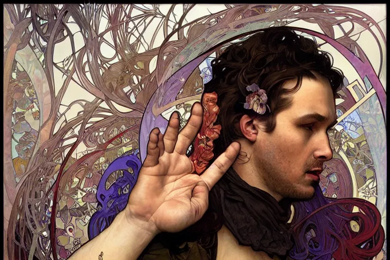 Image similar to hyper realistic portrait of singer mtv creep songwriter, by lee bermejo, alphonse mucha and greg rutkowski