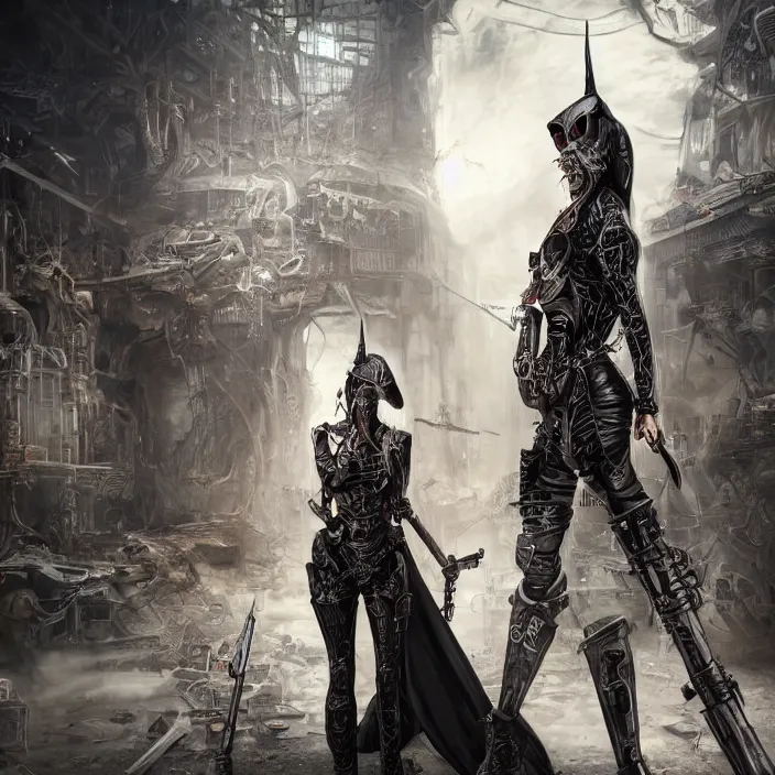 Image similar to apocalyptic woman in hood standing in hall of machinery and weaponry, hyper - detailed, smooth, sharp focus, 4 k ultra hd, fantasy dark art