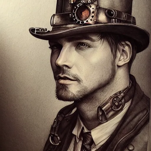 Image similar to hyper realistic pencil drawing of a man steampunk, water color, full portrait, detailed, rim light, diffused, intricate, by anna dittmann,