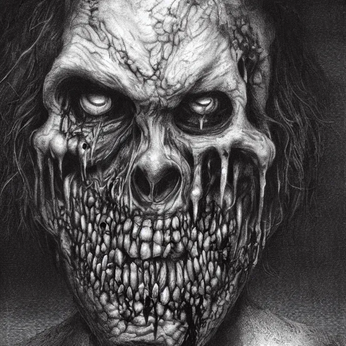 Image similar to extreme closeup portrait of a zombie face, creepy atmosphere, dark, portrait, very realistic, illustration by gustave dore