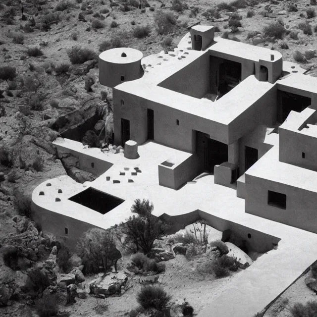 Prompt: a bizarre house in the desert designed by m. c. escher