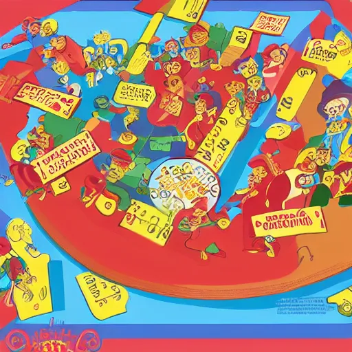 Image similar to a communist revolution in Candy Land, 1960s illustration, high quality