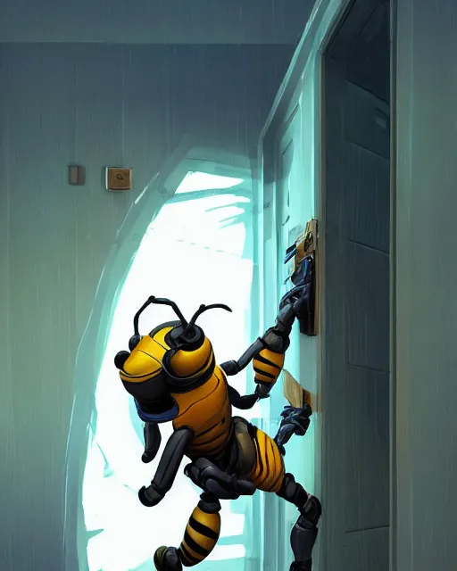 Prompt: a humanoid bee standing in his home in front of the door behance hd artstation by jesper ejsing, by rhads, makoto shinkai and lois van baarle, ilya kuvshinov, ossdraws, that looks like it is from borderlands and by feng zhu and loish and laurie greasley, victo ngai, andreas rocha