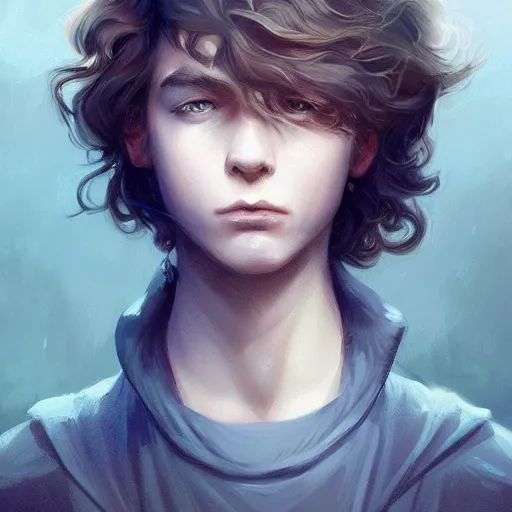 Image similar to teen boy, child, malachite hair, short hair, serious, intricate, ethereal, highly detailed, sharp focus, artstation, by charlie bowater