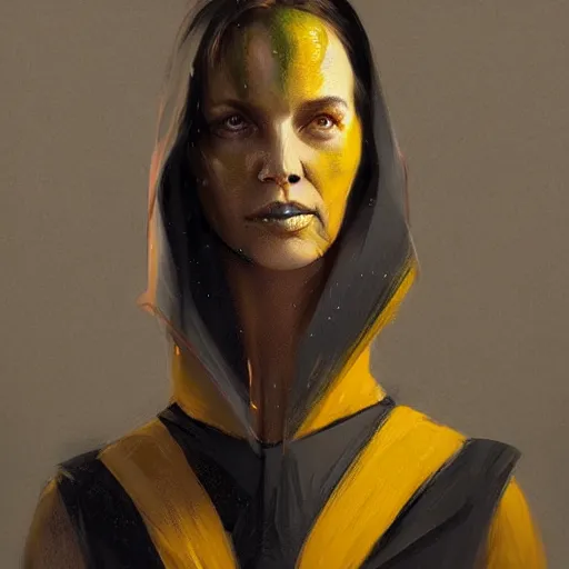 Image similar to portrait of a woman by greg rutkowski, a woman with yellow skin, black lips wearing black robes and a hodd, evil energy, star wars expanded universe, she is about 6 0 years old, highly detailed portrait, digital painting, artstation, concept art, smooth, sharp foccus ilustration, artstation hq