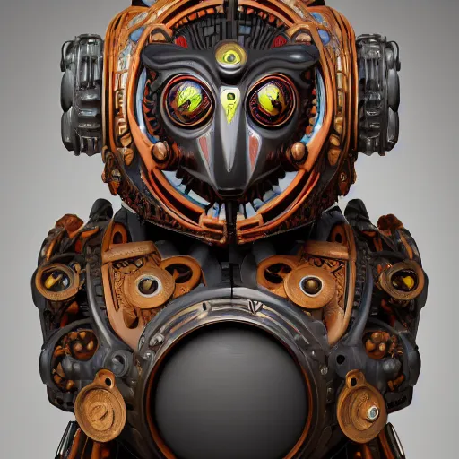 Image similar to steampunk tribal mask, robot, owl, oni, japanese pottery, vivid colors, wood, metal, intricate details, trending on cgsociety, concept art, glowing eyes, sharp focus, ultra realistic details, cinematic atmosphere, global illumination, shadows, octane render, 8 k