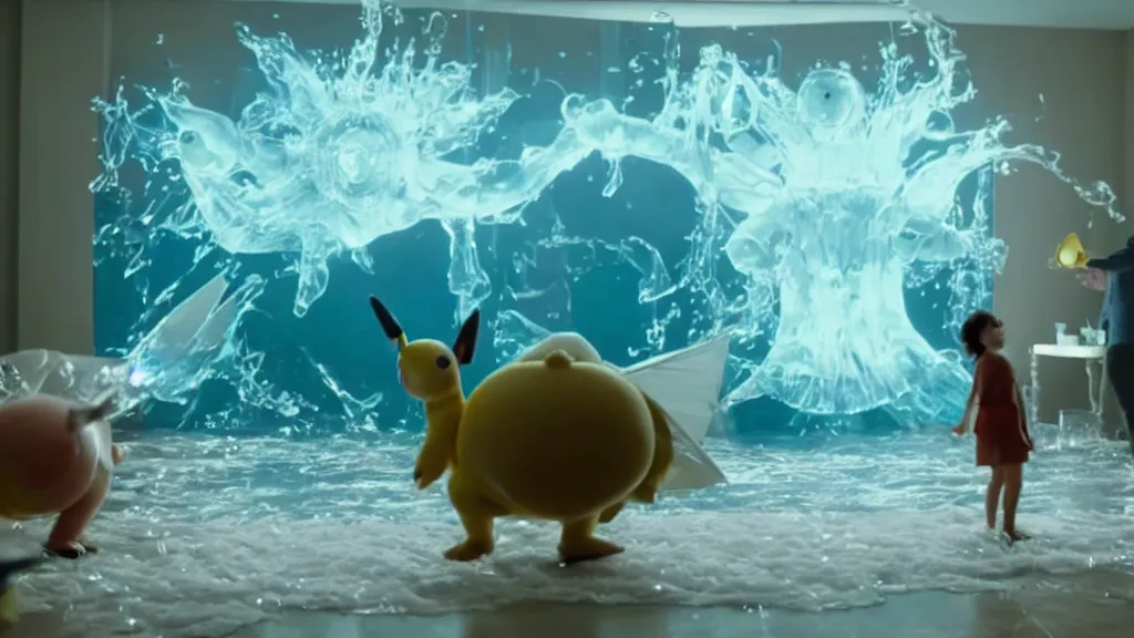 Image similar to a giant pokemon made of water and ice moves through the living room, film still from the movie directed by Denis Villeneuve with art direction by Salvador Dalí, wide lens