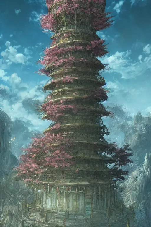 Image similar to hyperdetailed ancient wizard tower with sakura trees, cinematic highly detailed artstation hyperstylized illustrated by moebius and yoshitaka amano