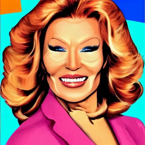 Prompt: handsome, jocelyn wildenstein, pop art poster, vivid colors, cartoon, long chin, big smile