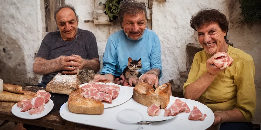 Image similar to photography of a cat sharing mortadella with his happy owner at a trullo house, photoreal, 3 5 mm, award winning photography