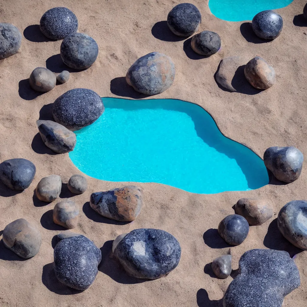 Image similar to obsidian boulders outdoor sculpture, orange sand desert with pools of milky blue water, bubbles, light leaks, birds eye view