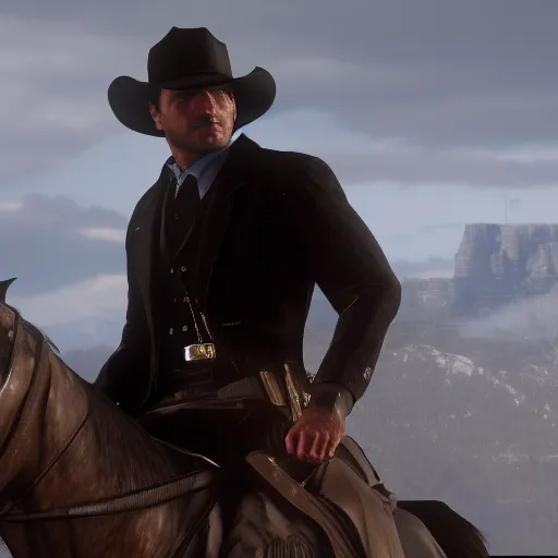 Prompt: Film still of Bruce Wayne, from Red Dead Redemption 2 (2018 video game)