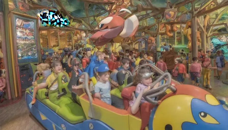 Prompt: 1990s photo of inside the Pokémon themed Ride at Universal Studios in Orlando, Florida, children riding through a Pokémon gym where Pokémon are battling, cinematic, UHD