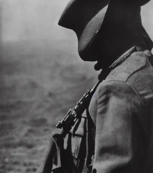 Prompt: a soldier wearing a black mask in distance, ww1 film photo, grainy, high detail, high resolution