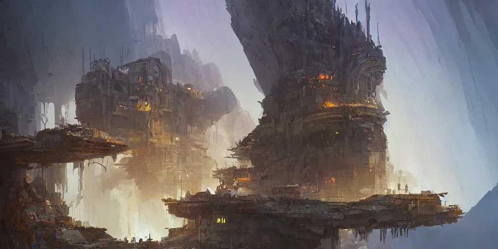 Image similar to concept art of a post apocalyptic monastery laboratory at the top of a jagged mountain, grimy, gritty, blade runner 2 0 4 9, trending on artstation, award winning painting, cgi, art by john berkey and anton fadeev and john howe and simon stalenhag
