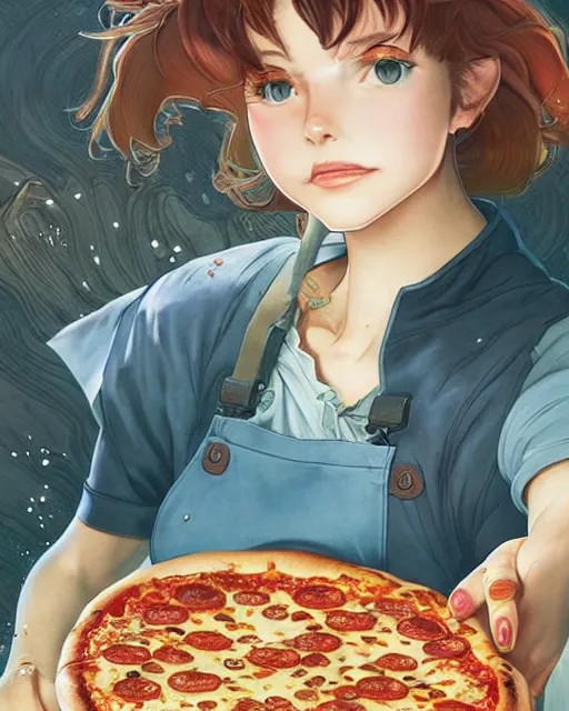 Prompt: a girl cooking a pizza, full shot, visible face, ambient lighting, detailed, art by ayami kojima, makoto shinkai, kilian eng