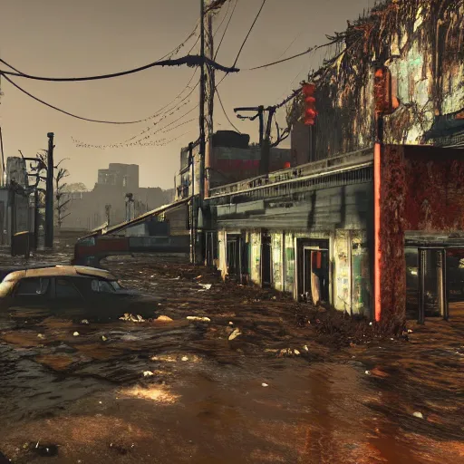 Image similar to atlanta flooded and in ruins post - nuclear war in fallout 4, in game screenshot