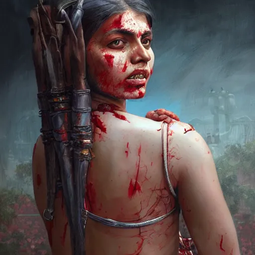 Image similar to portrait painting of a bloodied indian female butcher from behind, ultra realistic, concept art, intricate details, eerie, highly detailed, photorealistic, octane render, 8 k, unreal engine. art by artgerm and greg rutkowski and alphonse mucha