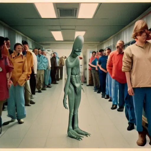 Prompt: alien standing in line at a soviet hospital, top secret style, realistic photo, cinestill 8 0 0 t, 1 9 7 0 s, color