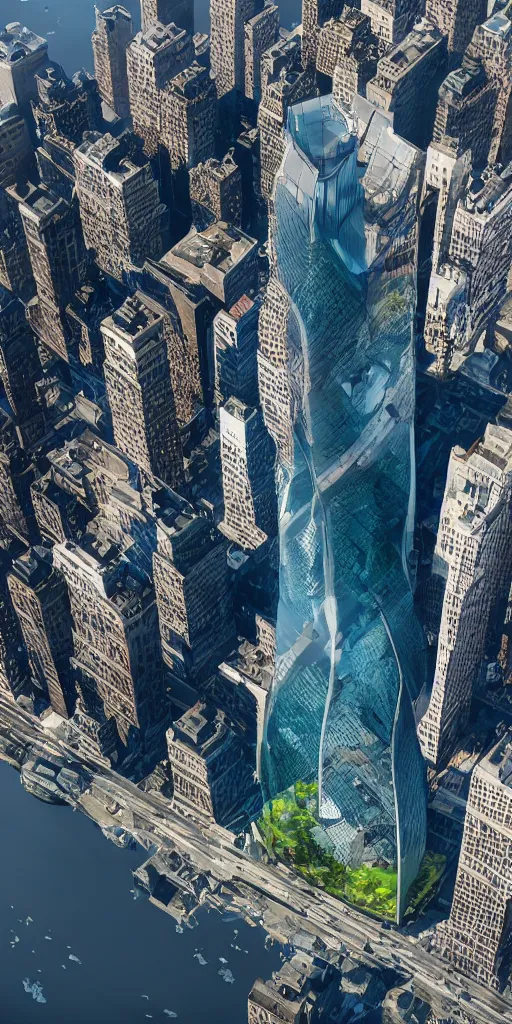 Prompt: aerial view of a giant fish tank shaped like a tower in the middle of new york city, 8k octane render, photorealistic
