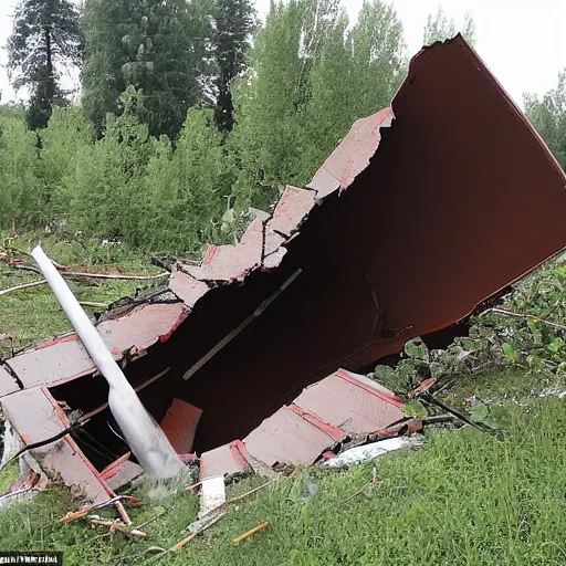 Image similar to a large funnel formed on the territory of the Russian village house in Russia as a result of a rocket hit