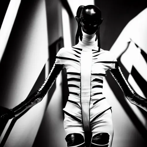 Image similar to fashion black and white photography of an alien model, wearing demobaza fashion, inside berghain, berlin fashion, harness, futuristic fashion, dark minimal outfit, photo 3 5 mm leica, hyperdetail, berghain, 8 k, very detailed, photo by nick knight