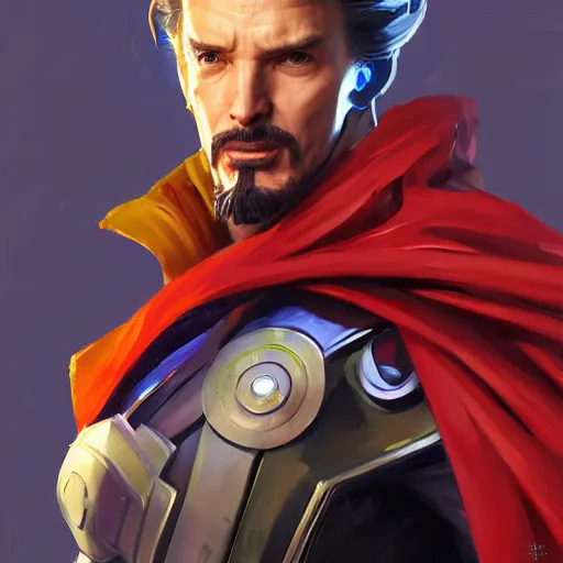 Image similar to greg manchess portrait painting of armored doctor strange as overwatch character, totally whack, medium shot, asymmetrical, profile picture, organic painting, sunny day, matte painting, bold shapes, hard edges, street art, trending on artstation, by huang guangjian and gil elvgren and sachin teng