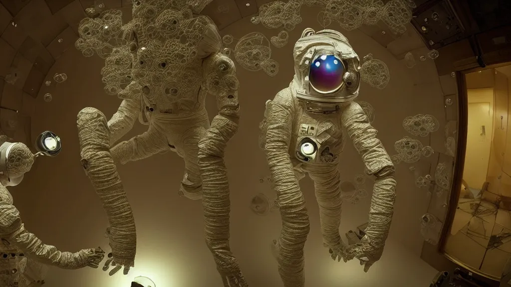 Image similar to a astronaut eva suit covered in diamond 3d fractal lace iridescent bubble 3d skin and covered with insectoid compound eye camera lenses floats through the living room, film still from the movie directed by Denis Villeneuve with art direction by Salvador Dalí, wide lens,