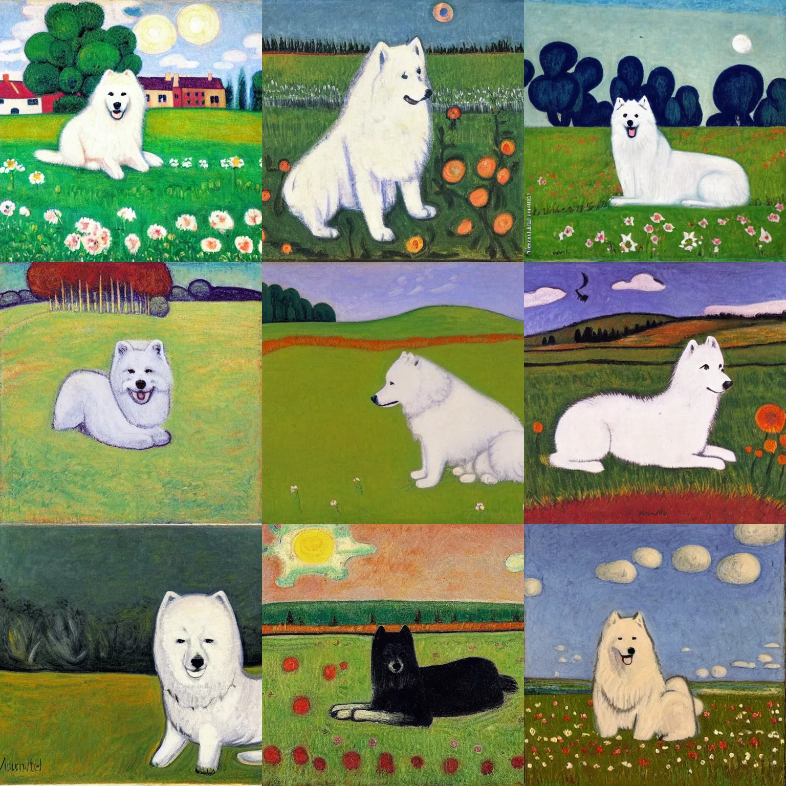 Prompt: a samoyed dog sitting in the middle of sunny meadow, by gabriele munter