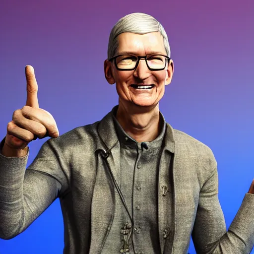 Prompt: tim cook. pointing his finger in the air. mythical organic biomechanical man. futuristic. blue blurry background. highly detailed, intricate steampunk ornate, poetic, 3 d render, digital art, octane render, 8 k artistic photography, photorealistic.