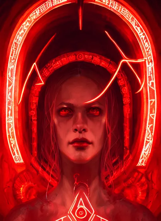 Image similar to portrait of the goddess of blood, bloody glowing runes, evil architecture, portal made of blood, intricate, elegant, glowing lights, highly detailed, digital painting, artstation, concept art, smooth, sharp focus, illustration, art by wlop, mars ravelo and greg rutkowski