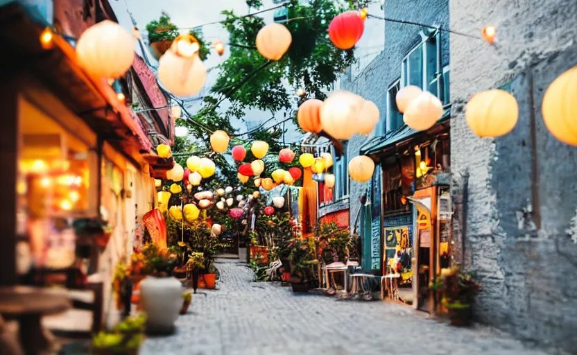 Image similar to mini cafe diorama macro photography, alleyway, ambient, colorful paper lanterns, string lights, romantic